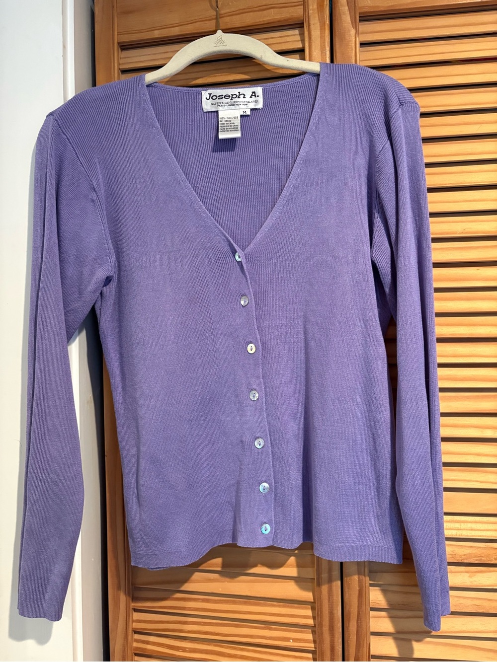 Vintage 100% Silk V-Neck Iridescent Button Down Cardigan Ribbed Purple Medium